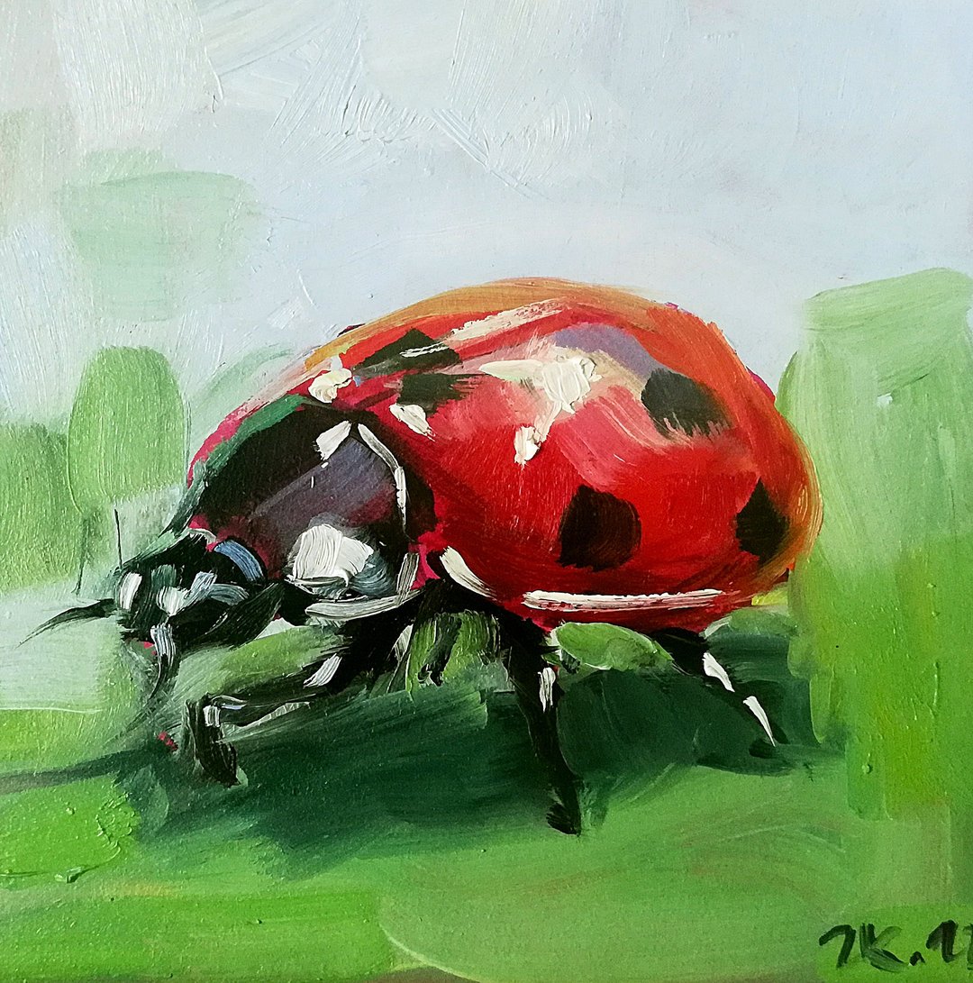 Ladybird Painting Insect Original Art Beetle Mini Wall Art - 海报/装饰画/版画 - 其他材质 多色
