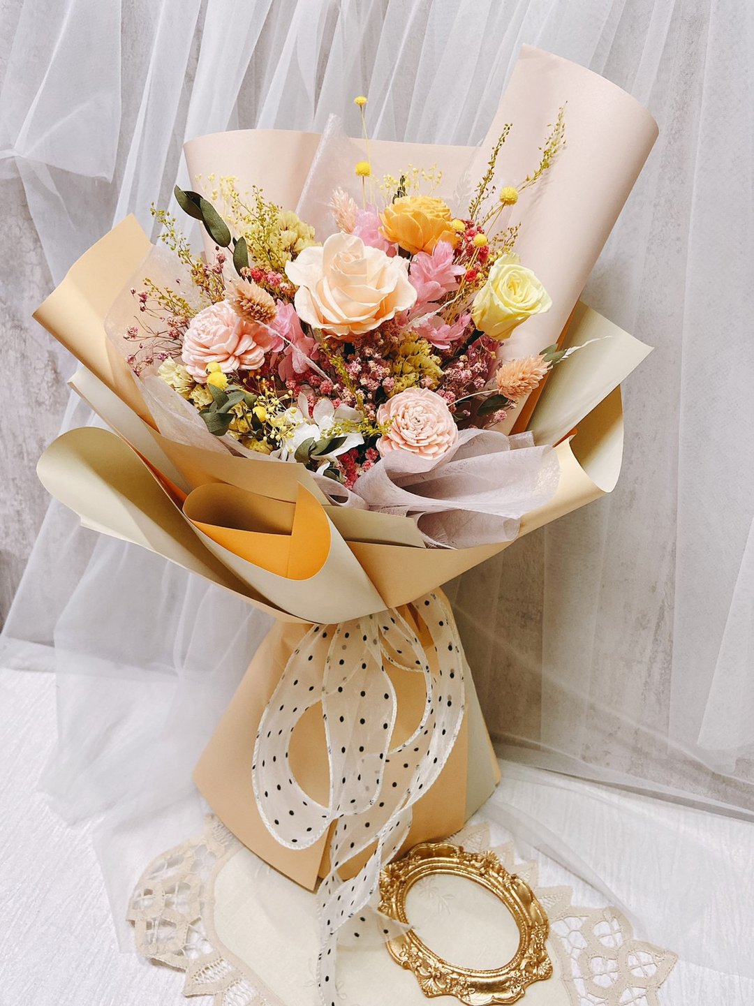 奶油蜜桃永生花束  送礼 生日礼 告白 求婚 韩式花束 - 干燥花/捧花 - 植物．花 