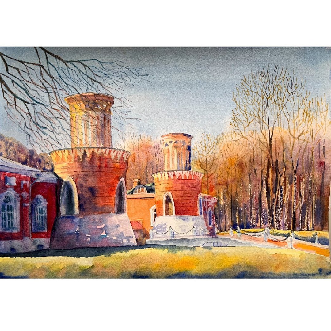 Original Watercolor painting Landscape with Gothic towers Artwork Aquarelle - 墙贴/壁贴 - 纸 多色