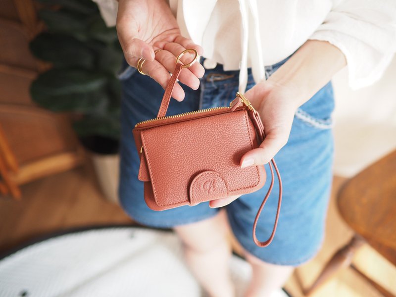 Mary (珊瑚色) : 迷你钱包，短钱包，牛皮，粉橙色，拉链袋 - 皮夹/钱包 - 真皮 粉红色