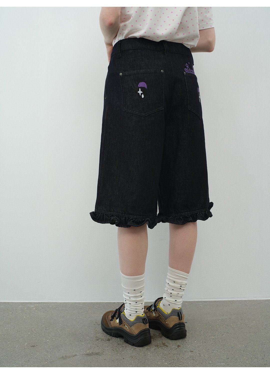 oddmaker白色波点花边牛仔五分裤女夏季薄款宽松休闲阔腿短裤 - 女装短裤 - 棉 