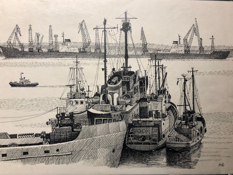 港口场景，工业海洋景观，纸上墨水笔，家居装饰，墙面艺术 - 墙贴/壁贴 - 纸 