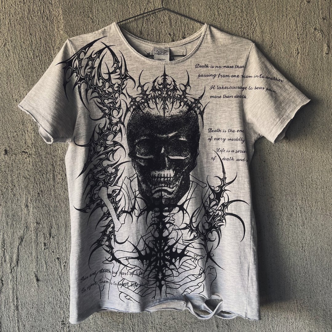 MrR死亡骷颅赛博符印主义图腾手工破坏手绘纯棉T-shirt - 男装上衣/T 恤 - 棉 灰色