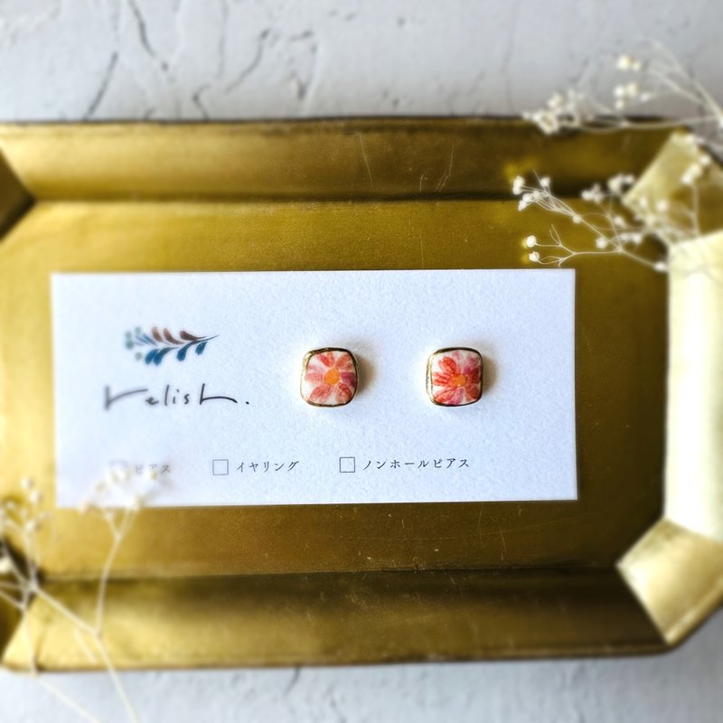 波斯菊金继陶瓷耳针夹式耳夹花痴橙红粉红金礼物礼物生日 - 耳环/耳夹 - 陶 粉红色