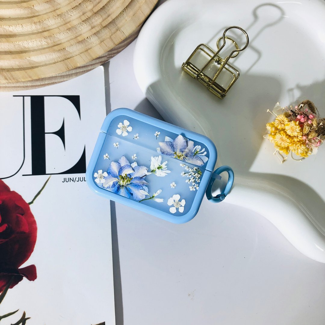 AirPods 1,2,3,4,AirPods Pro 2天蓝色压花耳机壳,送给她的礼物 - 耳机 - 植物．花 