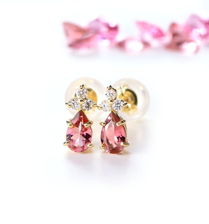 K18 Pink Tourmaline & Diamond Post Earrings ~Ello Lilas~ October Birthstone - 耳环/耳夹 - 宝石 粉红色