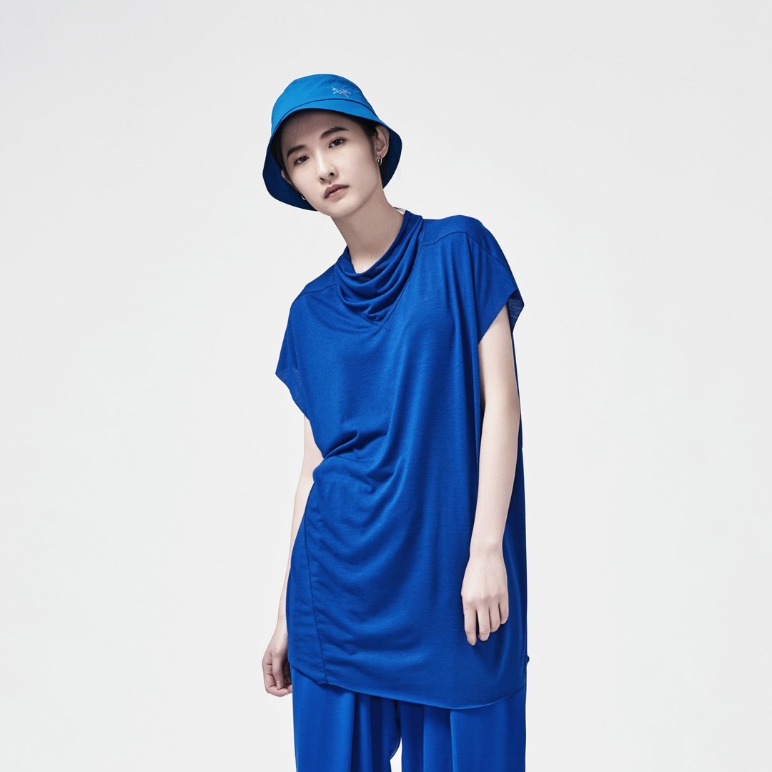 TRAN - 垂领扭转长TEE - 女装上衣 - 棉 蓝色
