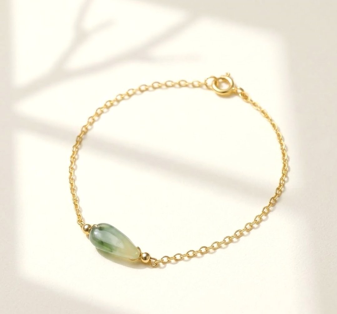 冰种飘花翡翠随形手链 14K 包金 | 天然缅甸玉翡翠 A 货 | 送礼 - 手链/手环 - 玉石 绿色
