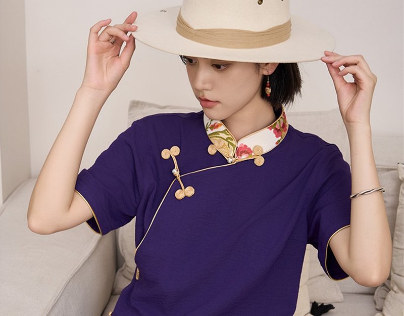 【浪漫紫】 新中式復古藏装/盘扣织锦衬衫 - 女装衬衫 - 其他材质 紫色