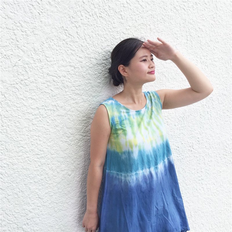 洋装 裙子 手染 渲染 染色 短版 定制化 交换礼物 圣诞礼物  生日礼物 情人节礼物 [极光] - 洋装/连衣裙 - 棉．麻 蓝色
