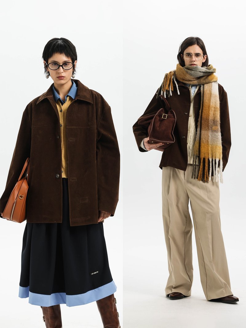 巴恩风肌理磨毛做旧仿麂皮绒翻毛廓形夹克外套男女款Unvesno(UN - 男装外套 - 其他材质 