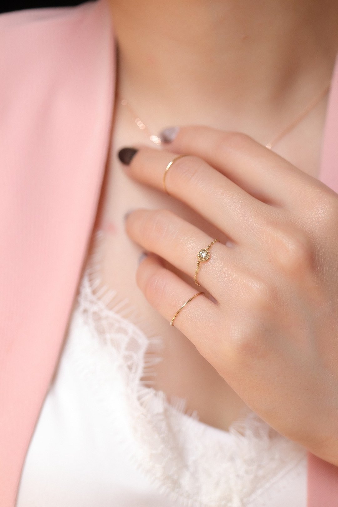 14K Retro Noble Chain Ring 复古贵族爪镶钻石链戒 - 戒指 - 贵金属 金色