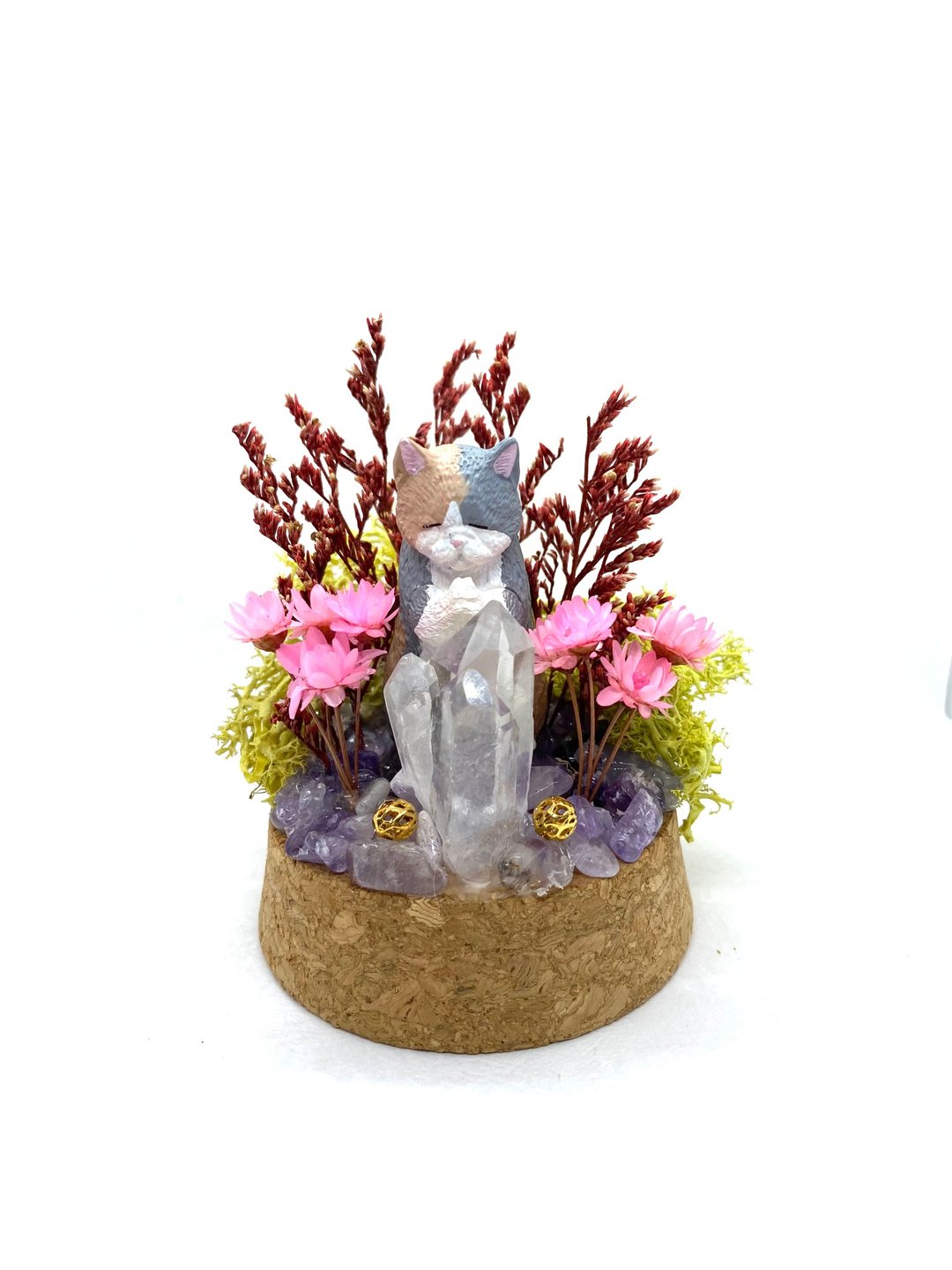 红绿树林-祈祷的猫与白水晶-手工玻璃罩公仔/水晶/干燥花摆设 - 摆饰 - 水晶 