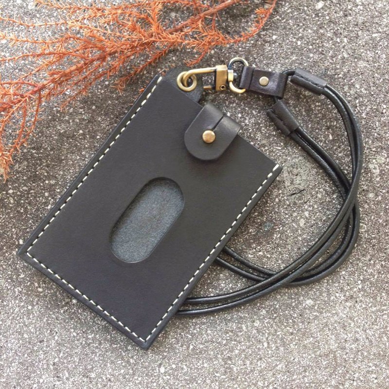 拔扣证件套+伸缩颈绳-植鞣全黑 捷运卡学生证皆可 - 证件套/卡套 - 真皮 黑色