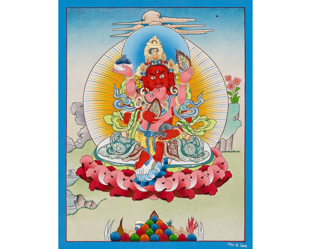 手工制作的红色赞巴拉唐卡 - 财富与权力之神 - 墙贴/壁贴 - 其他材质 多色