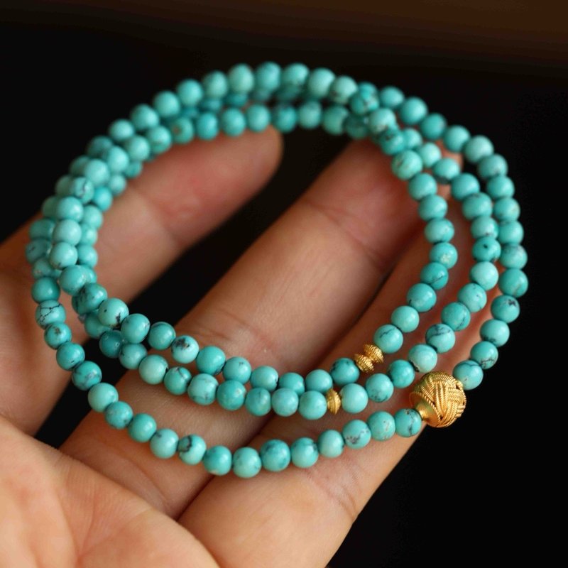 天然原矿 铁线绿松石 纯银鎏金老金毛线配饰 设计手串项链s - 手链/手环 - 植物．花 绿色