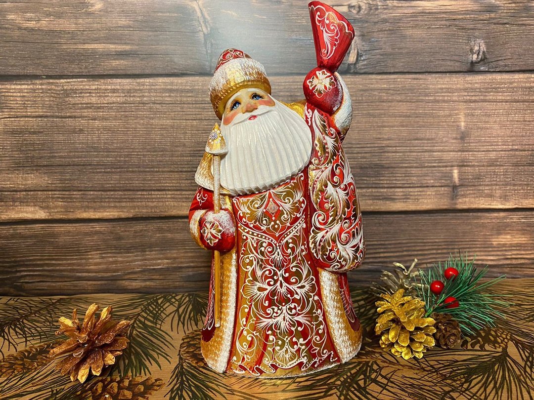 Wooden Santa Carved Christmas Ornament Santa Figurine Christmas - 玩偶/公仔 - 木头 红色