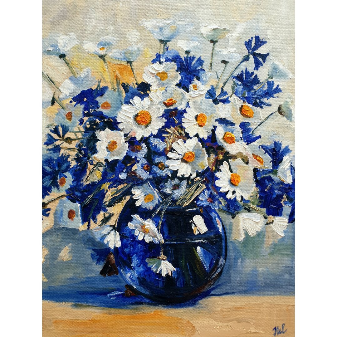 Daisies Painting Flowers Oil Original Art Home Life Floral Wall Art - 海报/装饰画/版画 - 其他材质 蓝色