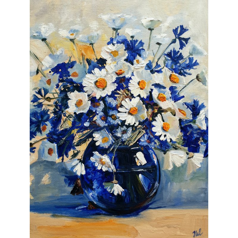 Daisies Painting Flowers Oil Original Art Home Life Floral Wall Art - 海报/装饰画/版画 - 其他材质 蓝色