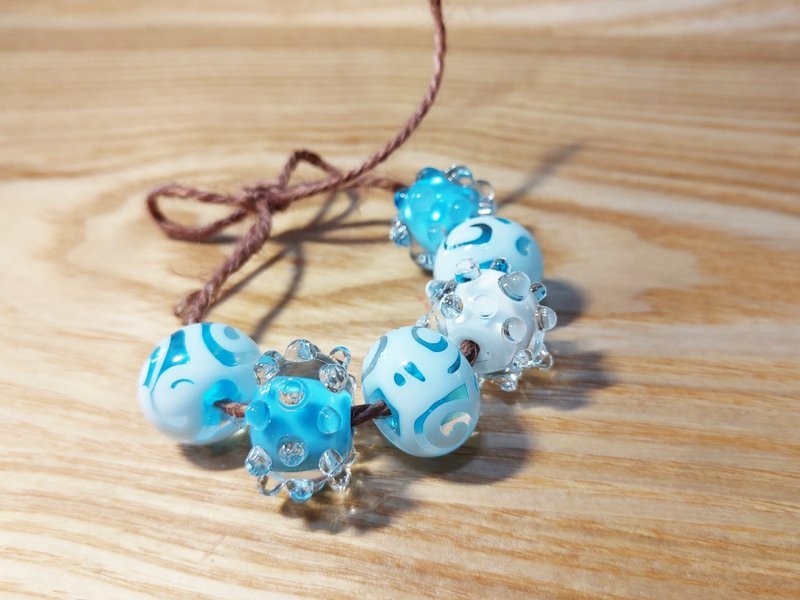 琉璃珠 | 立体蓝白 Lampwork灯工烧制 - 项链 - 玻璃 透明