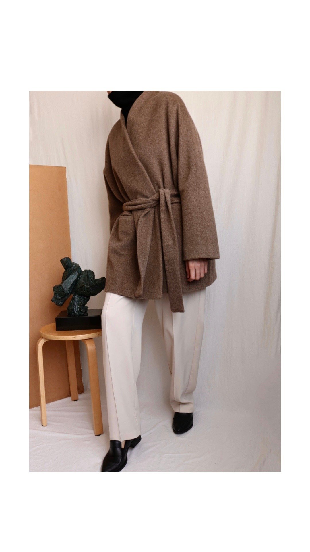 Ishiji Kimono Jacket 和服式羊毛混纺短大衣 摩卡棕 限量 - 女装休闲/机能外套 - 羊毛 