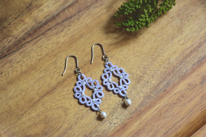 优雅菱形小珍珠 梭编蕾丝耳环-紫 / タティングレースピアス - 耳环/耳夹 - 丝．绢 紫色