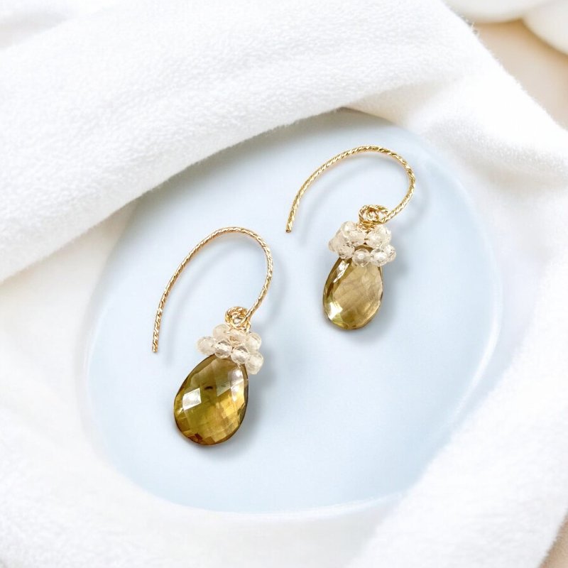 柠檬石英垂坠耳环 | 14K包金 14kgf - 耳环/耳夹 - 宝石 咖啡色