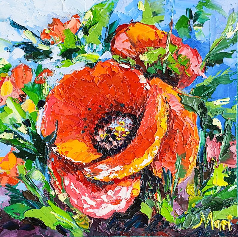 Poppies Painting Flowers Original Art California Poppy Farmhouse Artwork Neutral - 海报/装饰画/版画 - 其他材质 红色