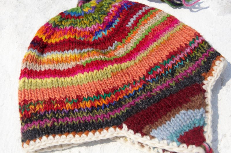 圣诞节 手工针织纯羊毛帽 / 手工内刷毛毛帽 / 针织毛帽 / 飞行毛帽 / 毛线帽 - 北欧风渐层夕阳 ( 手工限量一件 ) - 帽子 - 羊毛 多色