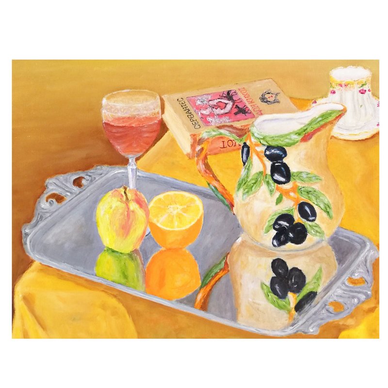 Wine Painting Still Life Original Art Fruits Oil Painting Still Life Wall Art - 海报/装饰画/版画 - 棉．麻 多色