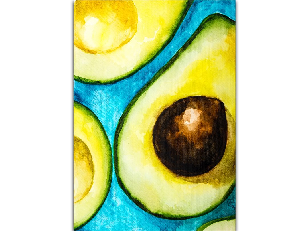 Avocado Painting Kitchen Food Still Life Original Art Fruit Watercolor Painting - 海报/装饰画/版画 - 纸 绿色
