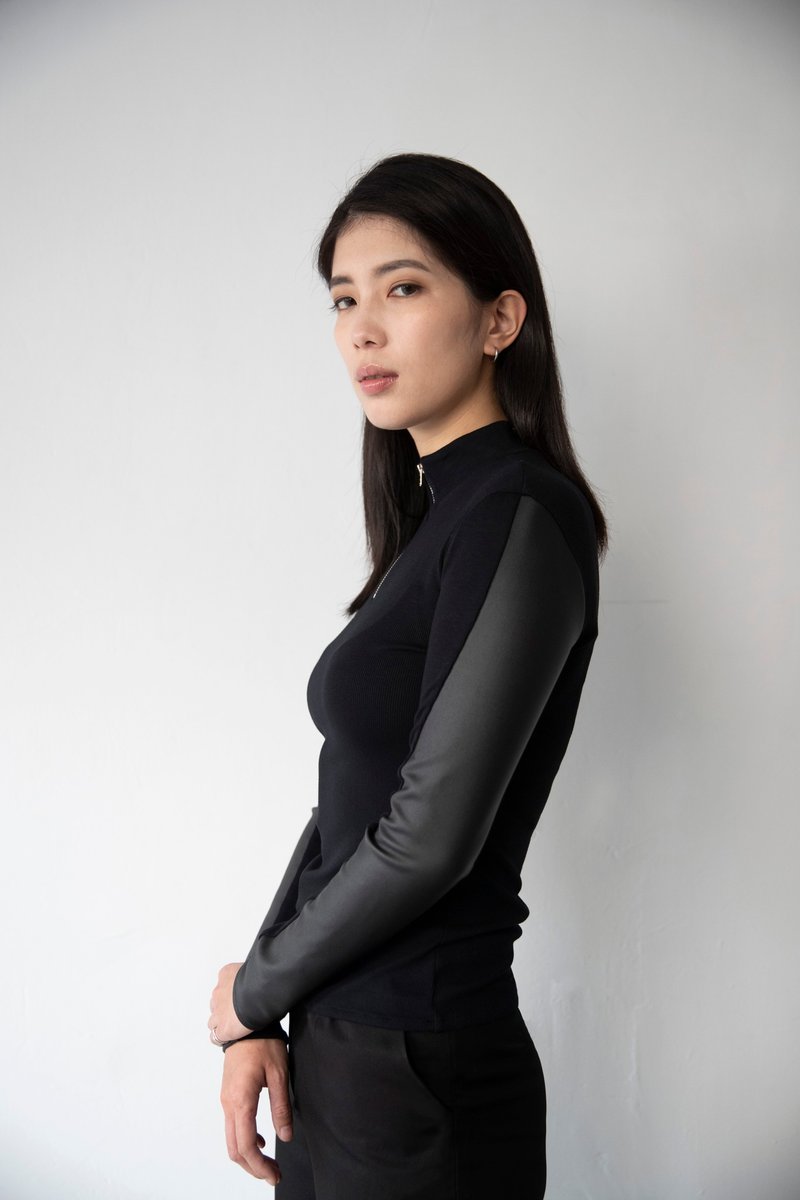 仿皮拼接长袖-黑 - 女装上衣 - 其他材质 黑色