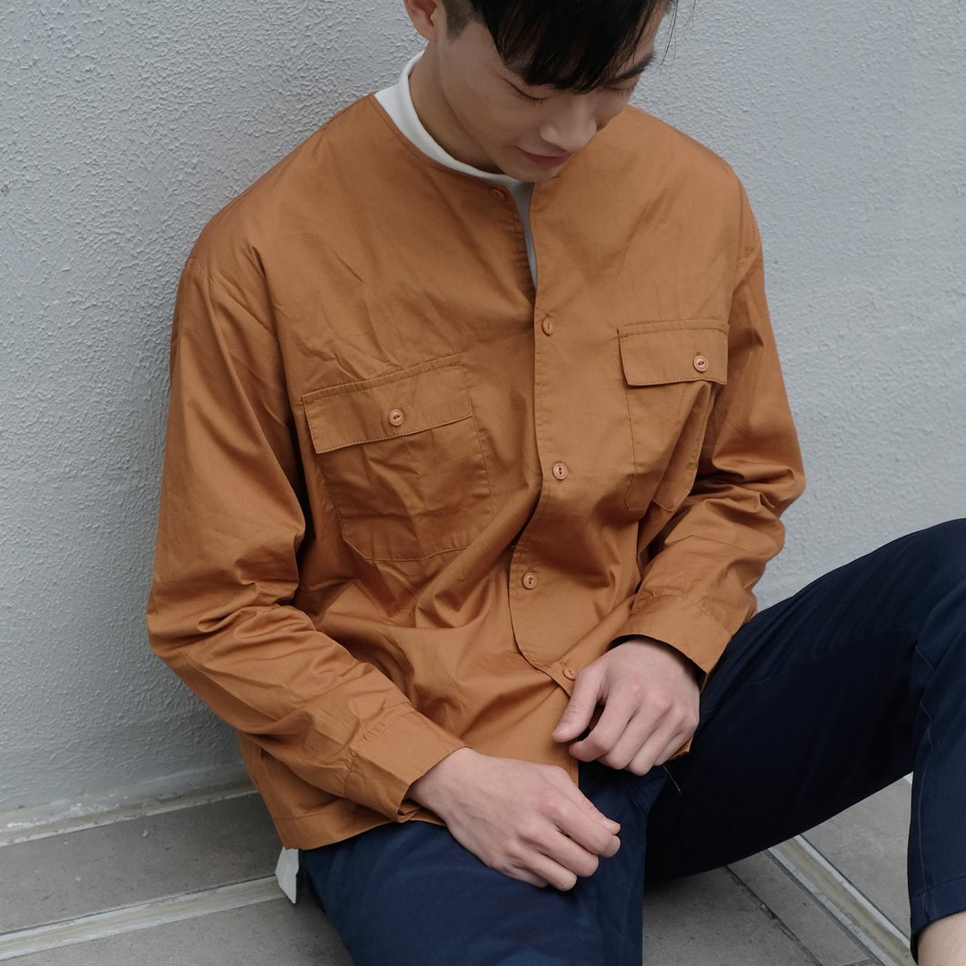 圆领衬衫外套/情侣/简约/秋冬 - 男装衬衫 - 棉 咖啡色