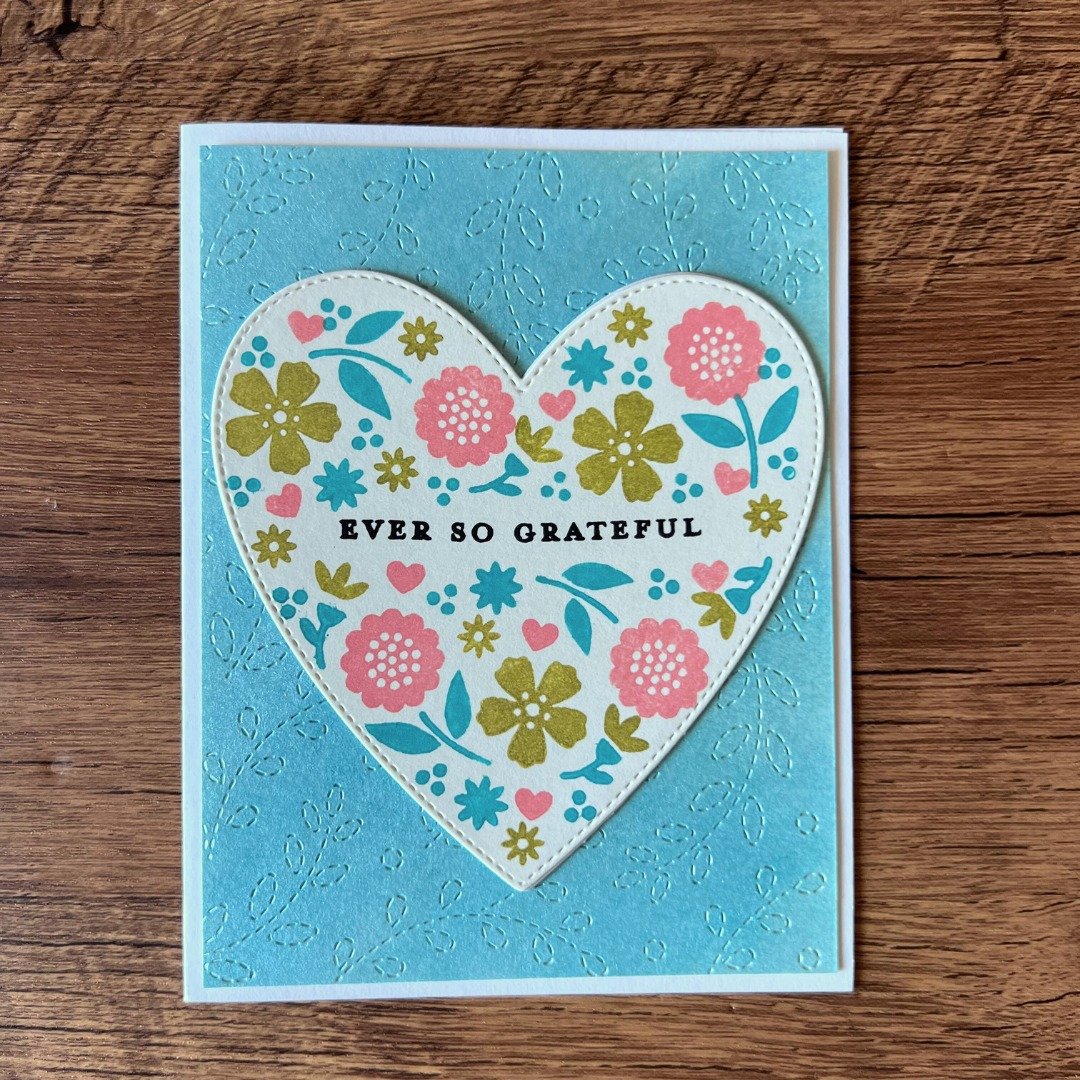 EVER SO GRATEFUL 花 爱心 人手水彩上色 湖水绿 枝叶 感谢卡 - 卡片/明信片 - 纸 蓝色