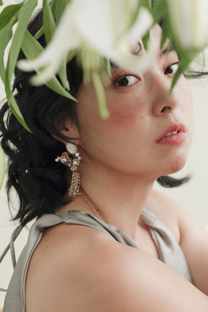 紫葡萄树 垂坠 珍珠 水晶 矿石 流苏 低敏 耳环 耳夹 - 耳环/耳夹 - 水晶 