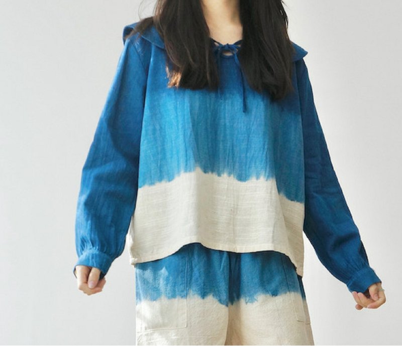 【棉麻手工蓝染】 娃娃领长袖衬衫 - 女装上衣 - 棉．麻 蓝色