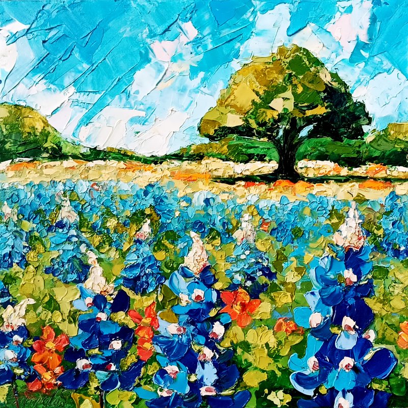 矢车菊绘画花卉原创艺术厚涂油画风景 10 x 10 - 墙贴/壁贴 - 其他材质 紫色