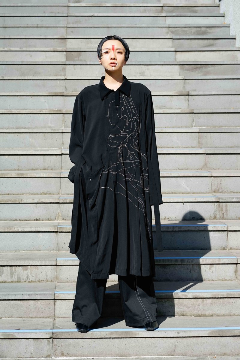 20SS 不规则开襟百折长版衬衫 - 中性连帽卫衣/T 恤 - 聚酯纤维 黑色