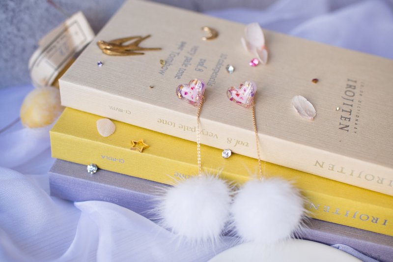 情人节 透明 粉红 爱心 白毛球 干燥 真花 树脂 两种穿戴耳环 - 耳环/耳夹 - 树脂 粉红色