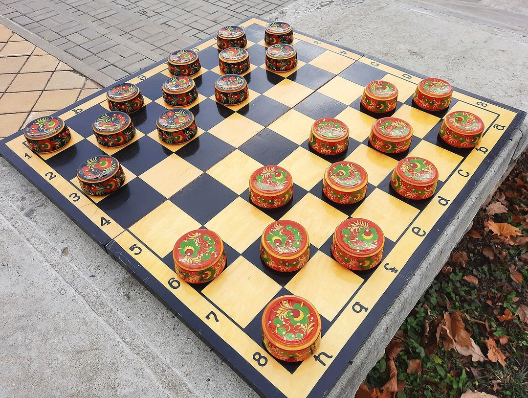 大型俄罗斯木制跳棋套装手工制作 - Khokhloma 画草稿游戏 - 桌游/玩具 - 木头 