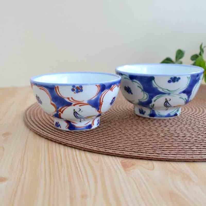 花卉与小鸟饭碗 ( 请选择 大/绿 或 小/红 ) - 碗 - 陶 蓝色