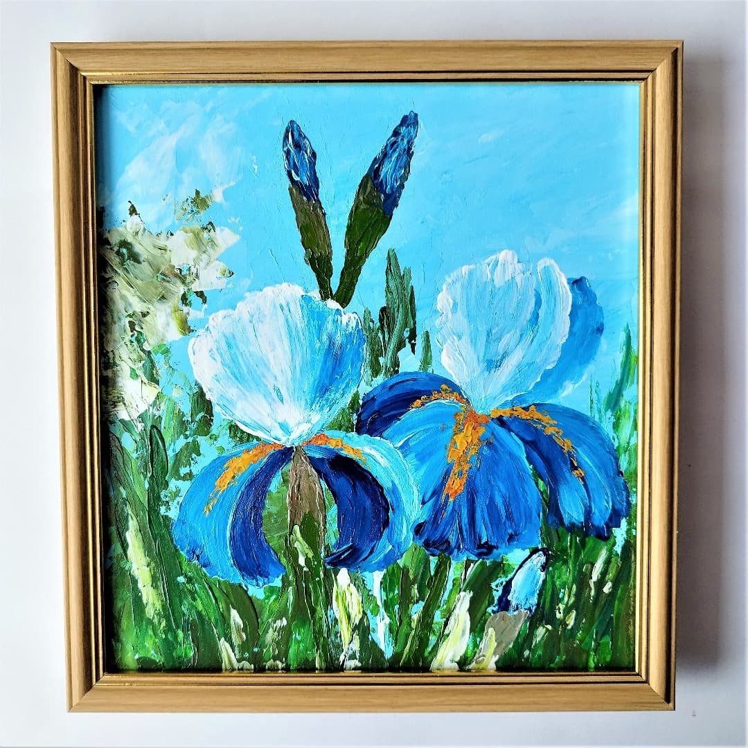 Irises painting wall decoration Blue flowers hanging painting original art 藍染 - 墙贴/壁贴 - 压克力 蓝色