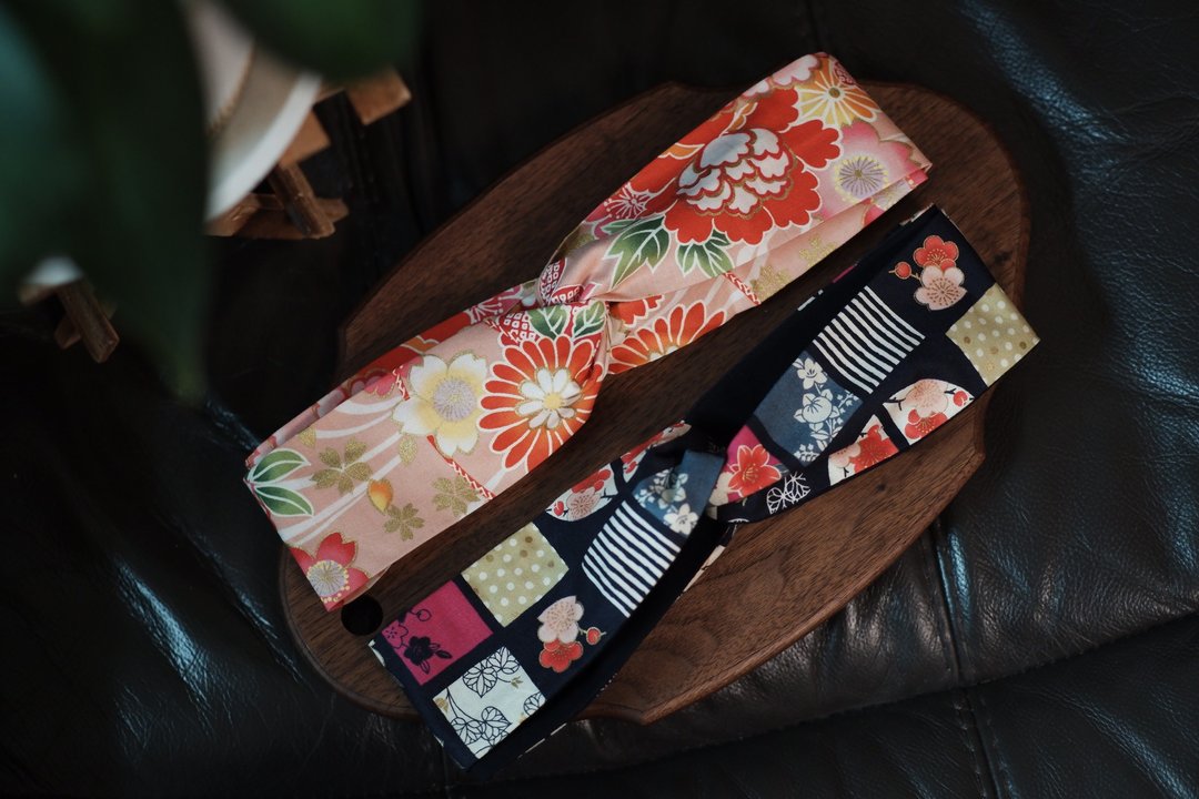 幼交叉发带の和风花朵 - 发带/发箍 - 棉 橘色