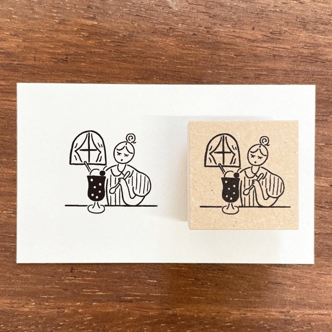 Maru酱 插画印章 纯吃茶 7月 蜜瓜苏打 咖啡厅 橡皮印章 女孩 日本制 a-118 - 印章/印台 - 木头 