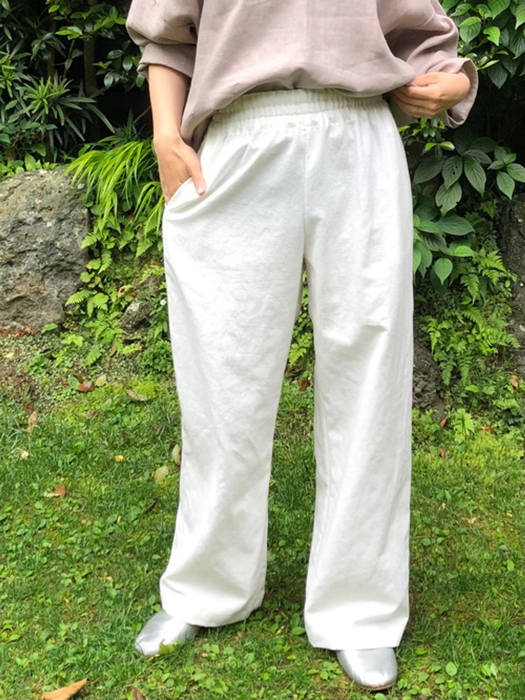 White wide pants in cotton Linen - 女装长裤 - 棉 