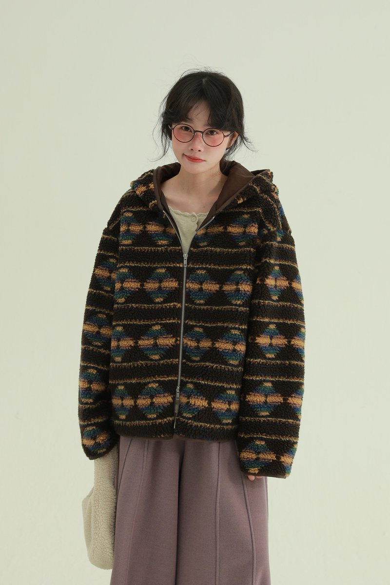 深咖色 星河童夢 菱形連帽搖粒絨外套 復古寬鬆休閒減齡上衣 - 女装休闲/机能外套 - 其他人造纤维 咖啡色