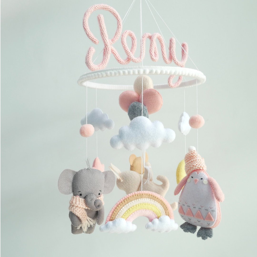baby mobile Can install baby names, set of bears, penguins, elephants, rabbits (size 45 inches) - 玩具/玩偶 - 环保材料 粉红色