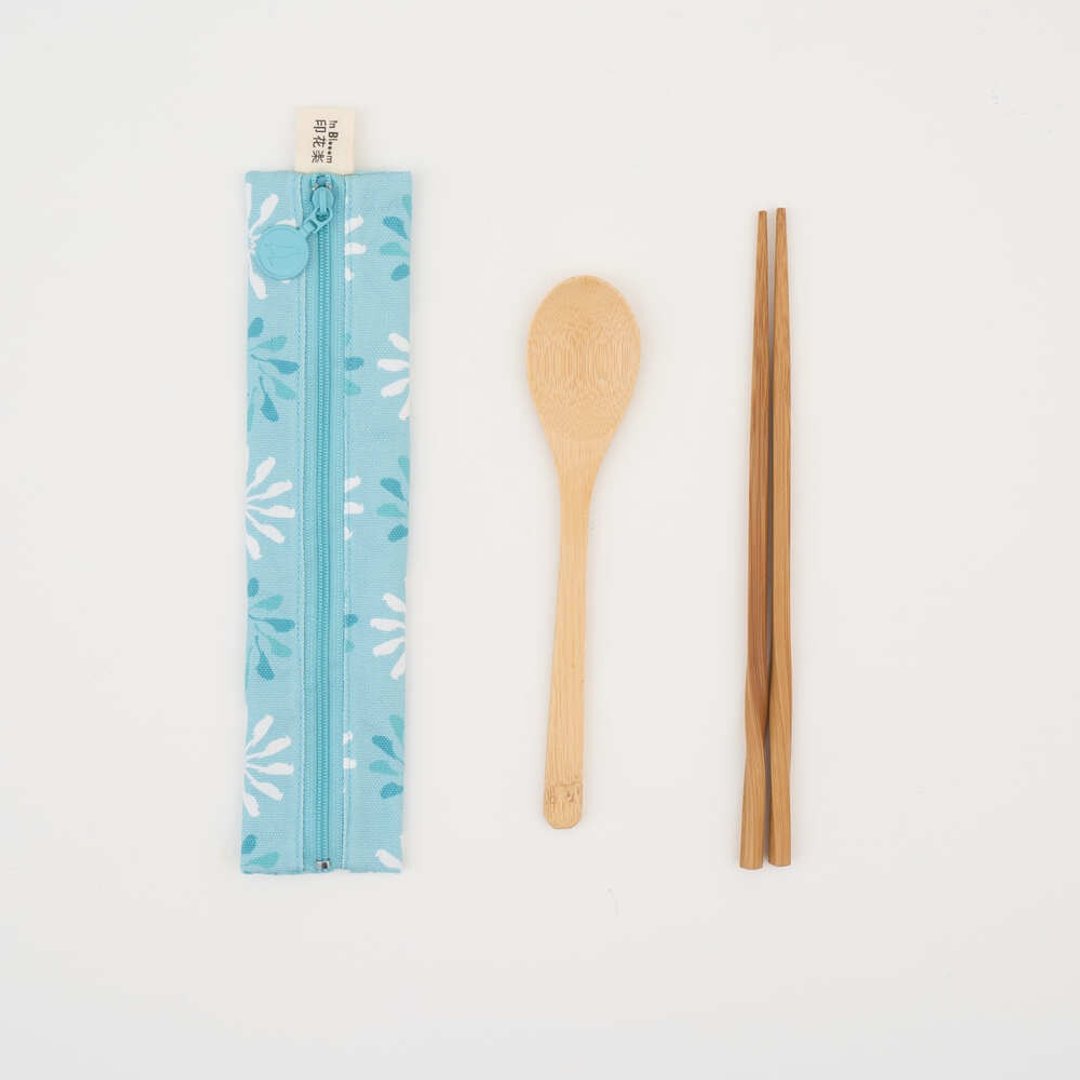 拉链餐具袋(含餐具)/乌秋圈圈/海洋绿/鸟语花窗 - 餐刀/叉/匙组合 - 棉 蓝色