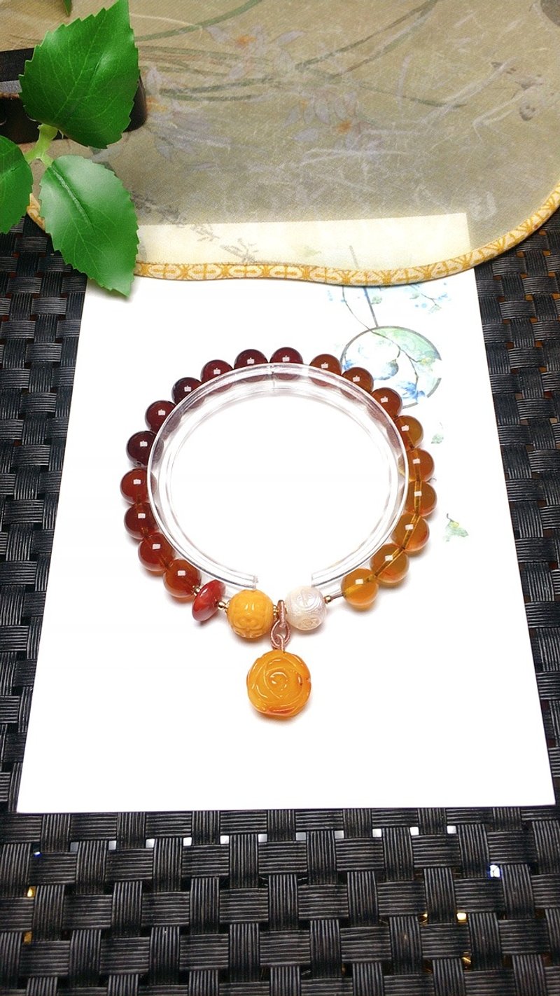 原创手工定制天然缅甸棕珀手链 搭天然蜜蜡花 - 手链/手环 - 水晶 