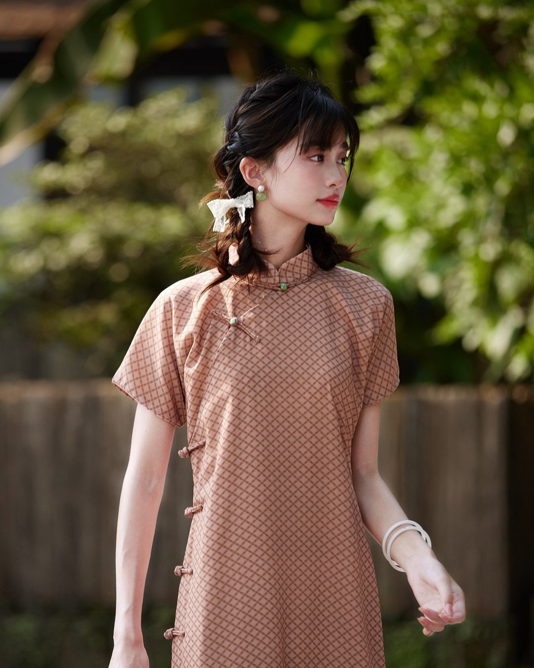 復古格紋 古法少女旗袍 新中式國風春節改良洋裝連身裙 - 旗袍 - 其他人造纤维 咖啡色